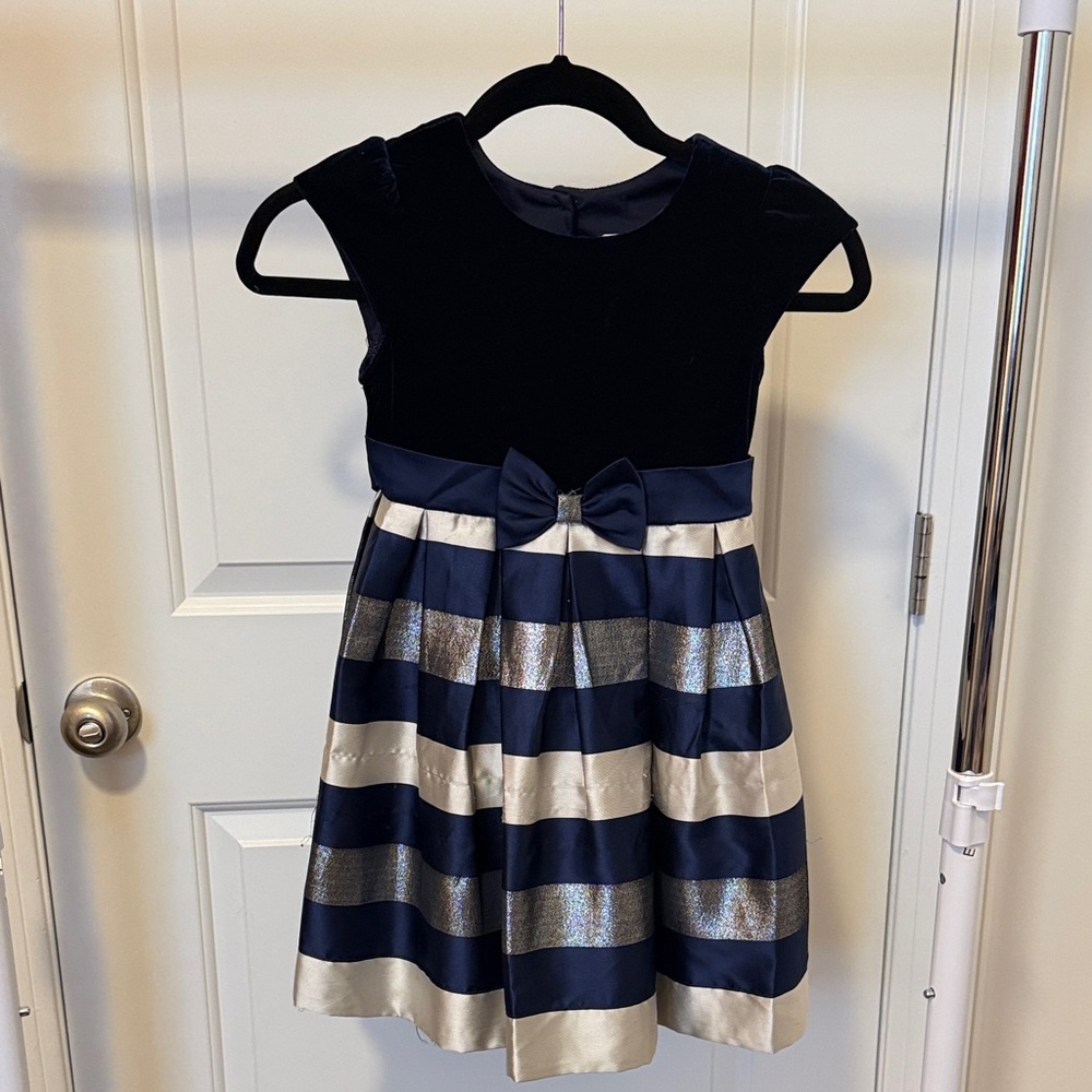 Jona Michelle Navy and Silver Striped Formal Dress
